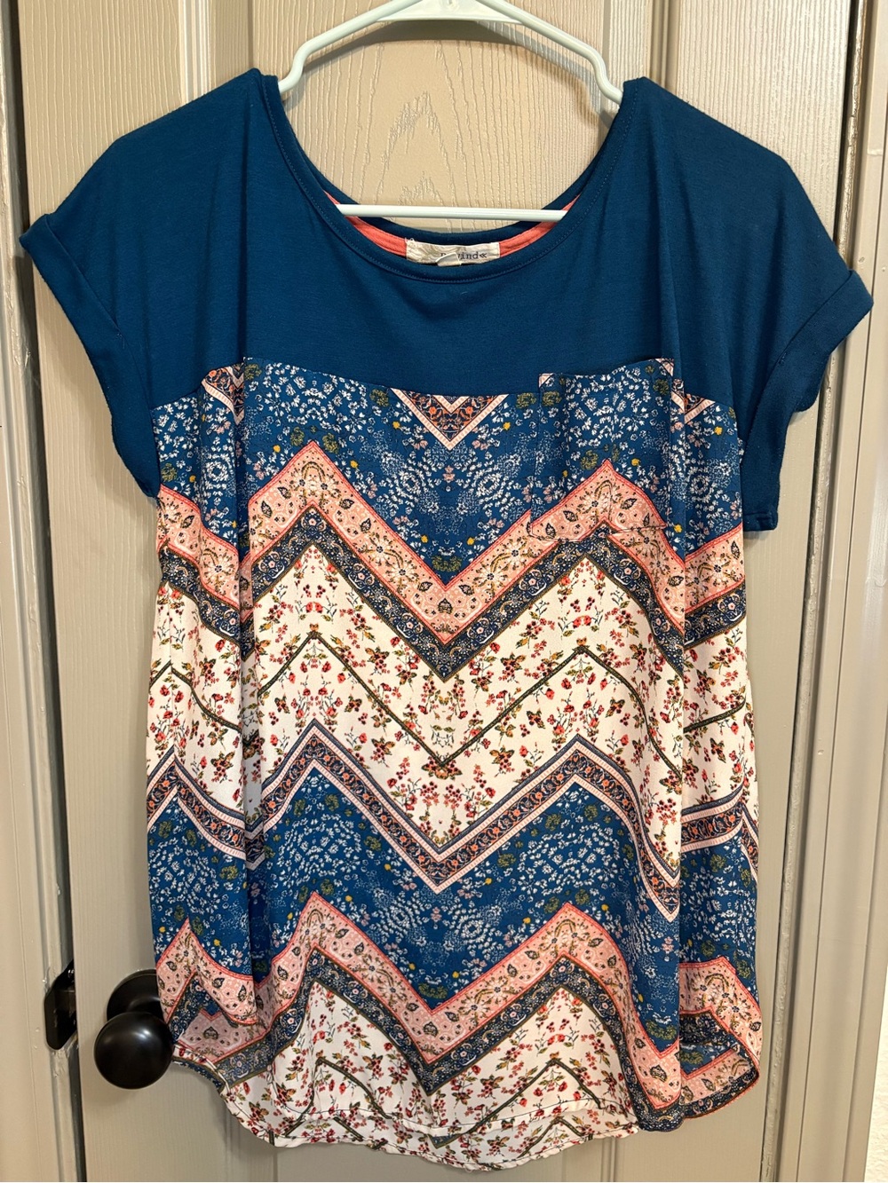 Rewind Blue Chevron Floral Mixed-Media Top